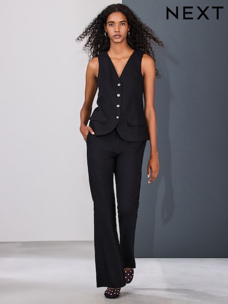 Black Smart Front Linen Blend Flared Trousers (W66520) | 182 SAR