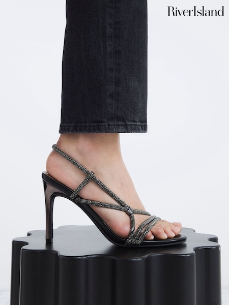 River Island Black Wide Diamante Strappy Heel Sandals (W66545) | R$ 395