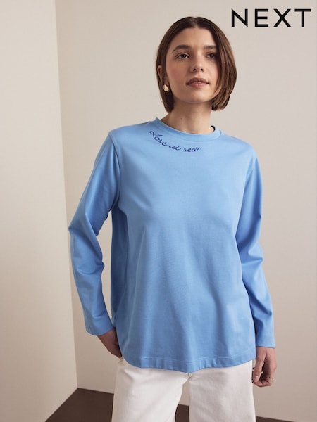 Blue Sea Embroidered Graphic - Long Sleeve Heavyweight Crew Neck T-Shirt (W66588) | ‏92 د.إ.‏