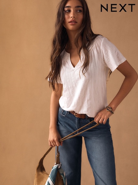 أبيض - Short Sleeve Notch Neck Shirred Bubblehem Top (W66594) | JD 12