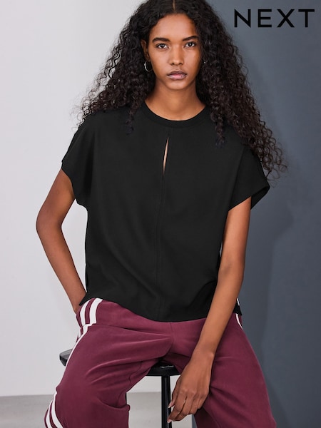 Black Short Sleeve Keyhole Crew Neck Top (W66598) | LEI 153