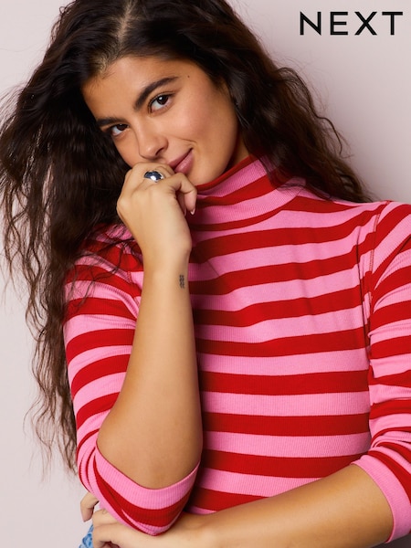 Pink/Red Striped Ribbed High Neck Long Sleeve T-Shirt (W66601) | €19.50