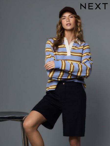 Navy Linen Blend Knee Shorts (W66637) | SGD 38