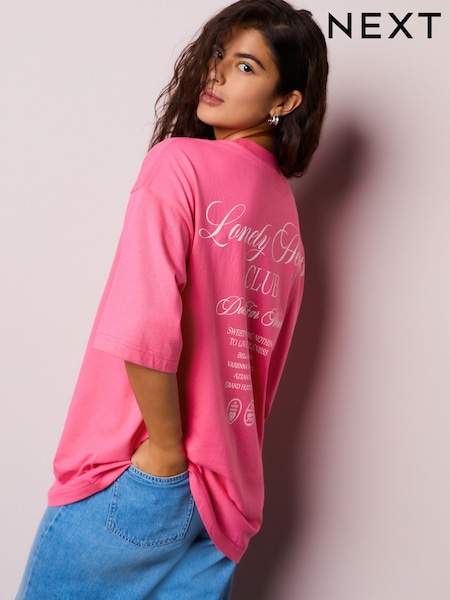 Pink Graphic Valentines Oversize Crew Neck T-Shirt (W66656) | SGD 35