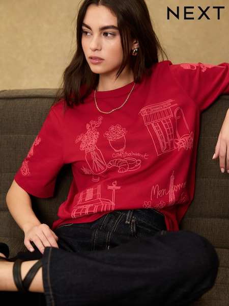 Red Paris Pink Embroidered Heavyweight Short Sleeve Crew Neck T-Shirt (W66665) | €34.50