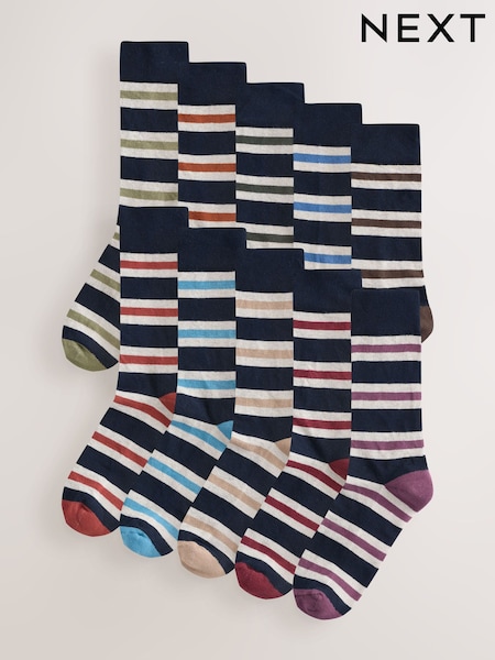 Blue/Ecru Striped 10 Pack Cushioned Sole Comfort Socks (W66818) | €32