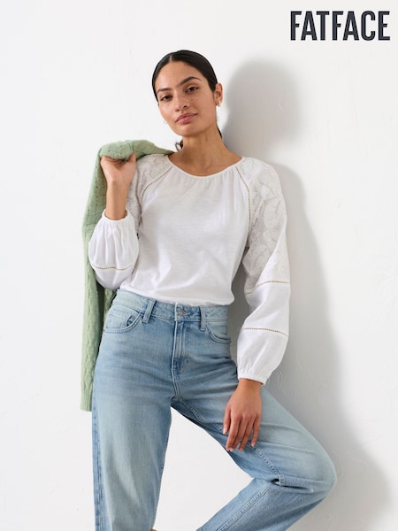 FatFace Ally White Embroidered Sleeve Top (W66851) | AED245