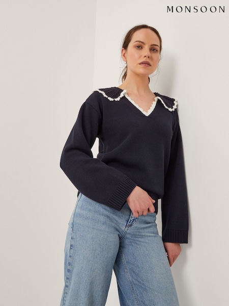 Monsoon Blue Clay Collar V-Neck Jumper (W66906) | R$ 680