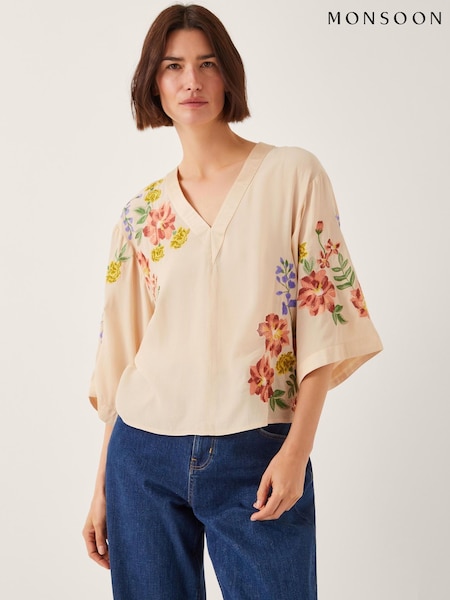 Monsoon Sylvia Floral Print Embroidered V-Neck Top (W66912) | R$ 640