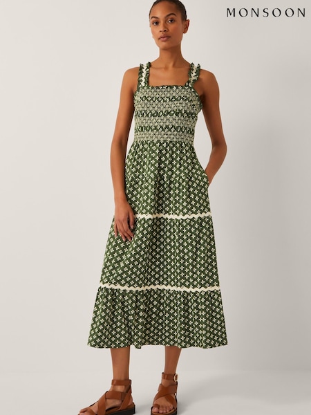 Monsoon Green Daisy Geometric Print Jersey Midi Dress (W66922) | R$ 740