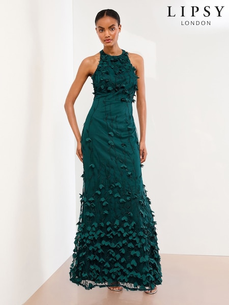 Lipsy Teal Blue Premium Floral 3D Textured Halter Maxi Dress (W66950) | 792 QAR