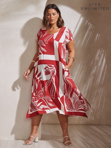 Live Unlimited Abstract Leaf Print Hanky Hem Midi Dress (W66979) | 126 €