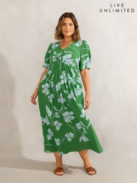 Live Unlimited Green Petite Floral Print Short Sleeve Lace Up Dress (W66980) | €126