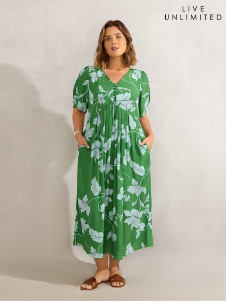 Live Unlimited Green Floral Print Short Sleeve Lace Up Dress (W66981) | €126