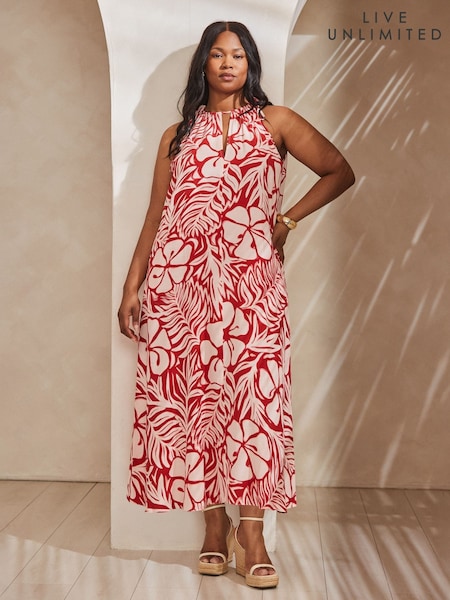 Live Unlimited Red Floral Print Halter Neck Maxi Dress (W66987) | AZN 223