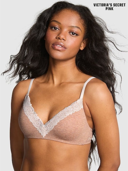 Victoria's Secret PINK Praline Nude Non Wired Lightly Lined Cotton Heather Lace Trim Bra (W67112) | €40.50