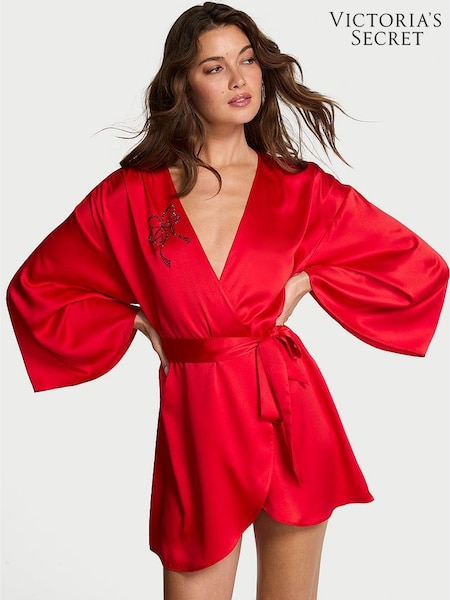 Victoria's Secret Bright Vermillion Red Satin Sparkle Bow Short Robe (W67136) | €75