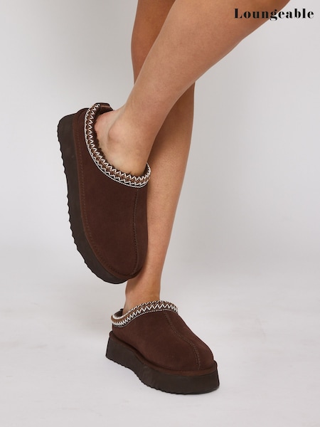 Loungeable Brown Slip On Platform Real Sheepskin Boots (W67139) | AED437