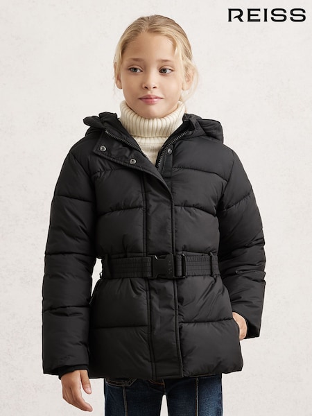 Reiss Black Ava Short Belted Puffer Coat (W67262) | AED691