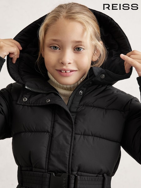 Reiss Black Ava Short Belted Puffer Coat (W67289) | AED634