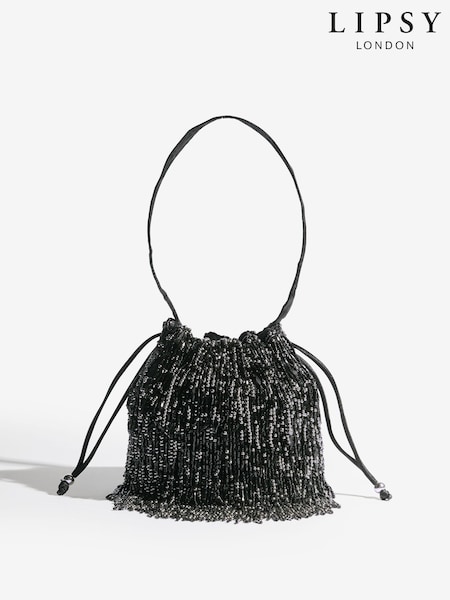 Lipsy Black Beaded Fringe Satin Shoulder Bag (W67327) | R$ 375