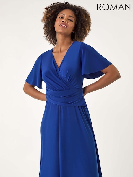 כחול  - Roman Wrap Over Stretch Midi Dress (W67358) | ‏314‏₪