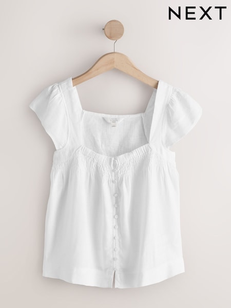 White Flutter Sleeve Button Front Top With Linen (W67359) | €24.50