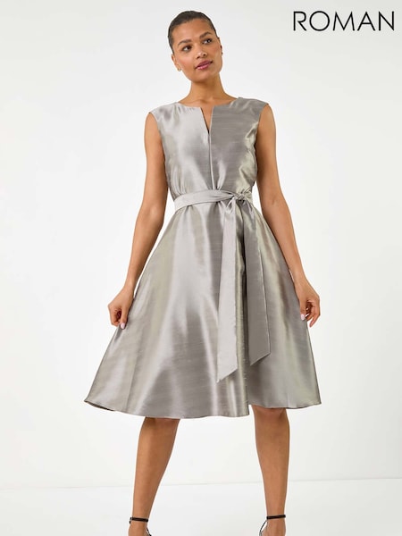 Roman Grey Jacquard Bow Front Fit and Flare Dress (W67368) | €86