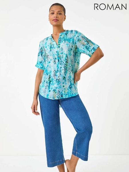 Roman Blue Abstract Buttoned V-Neck Blouse (W67374) | AED233