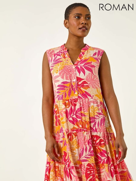 Розовый - Roman Leaf Print Buttoned Smock Dress (W67378) | €42