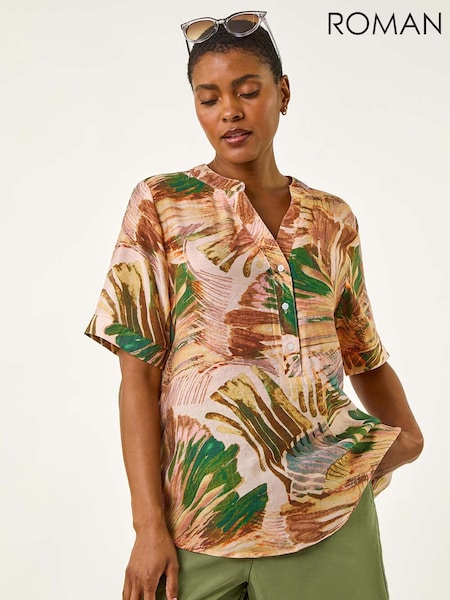 Roman Brown Abstract Print V-Neck Button Blouse (W67383) | €40