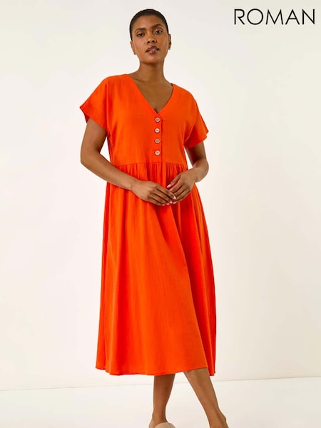 Roman Orange Linen Look Button Midi Dress (W67391) | €58