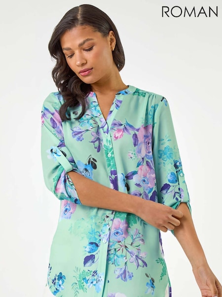 Roman Blue Floral Print V-Neck Blouse (W67403) | €60