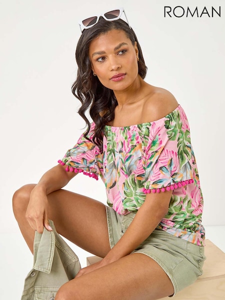 Roman Pink Floral Printed Bardot Blouse (W67406) | R$ 385