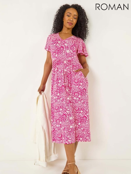 Roman Pink Petite Floral Print Pocket Midi Dress (W67438) | €58