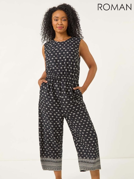 Roman Black Petite Aztec Print Cropped Jumpsuit (W67453) | €60