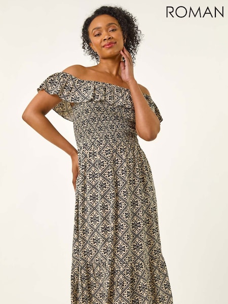 Roman Grey Petite Geo Print Bardot Midi Dress (W67455) | €58