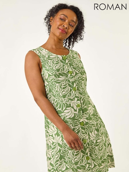 Roman Petite Leaf Print Buttoned A-Line Dress (W67462) | R$ 545
