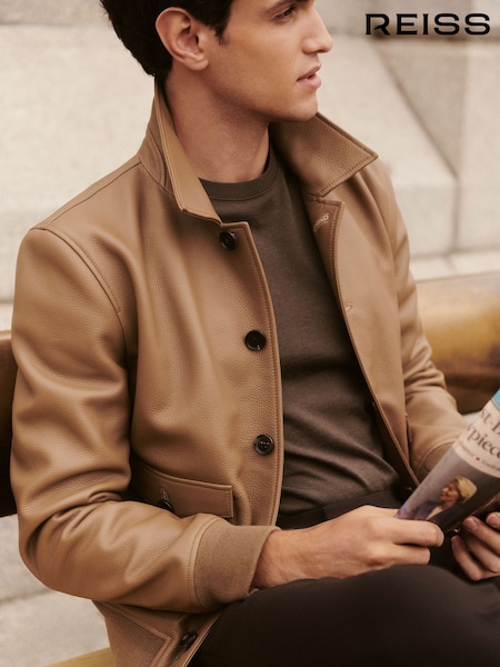 Reiss Tan Brown Brillow Tumbled-Leather Harrington Jacket (W67476) | AED6,466