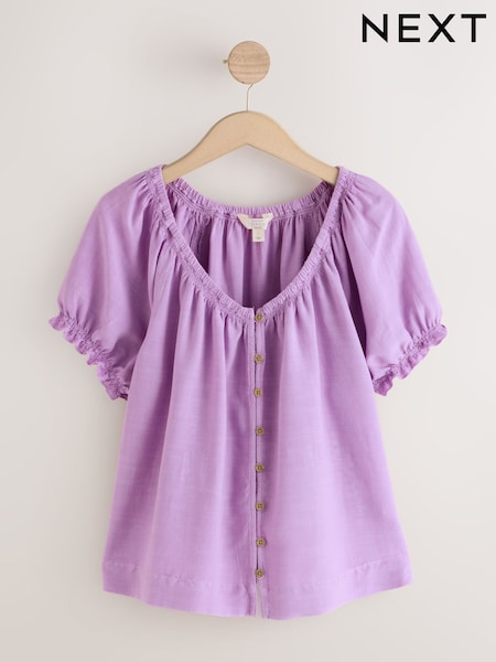 Purple Puff Sleeve Button Front Bardot Top With Linen (W67536) | AED117