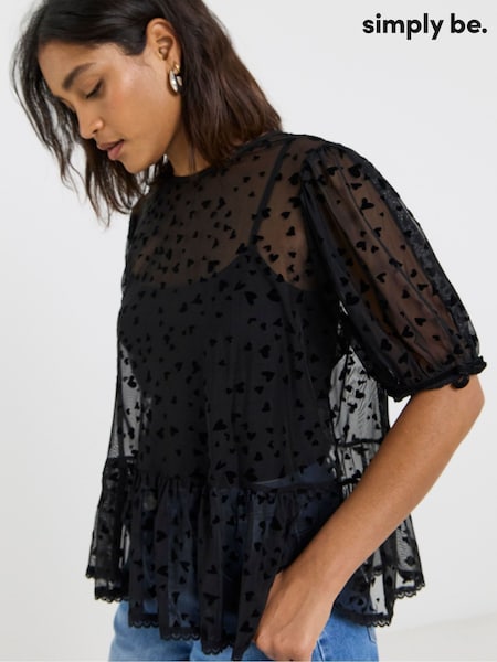 Simply Be Black Velvet Heart Print Mesh Puff Sleeve Top (W67622) | €33