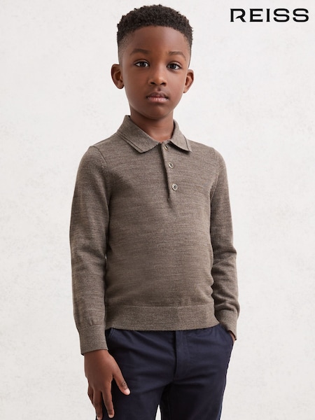 Reiss Dark Brown Melange Trafford Merino Wool Long-Sleeve Polo Shirt (W67630) | €50