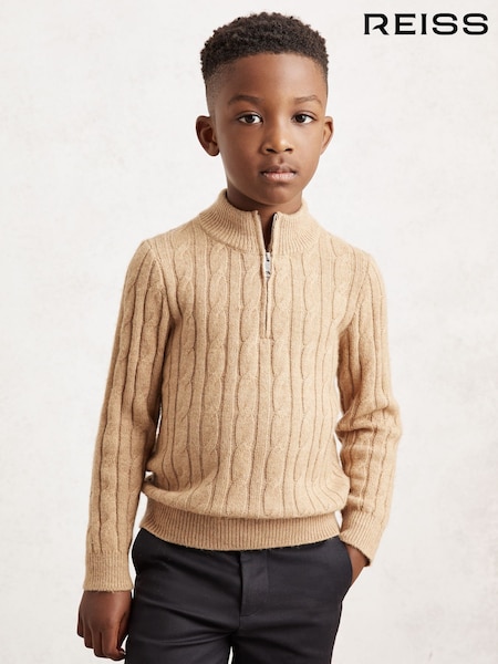 Camel melange - Reiss Clovelly Wool-Blend Half-Zip Cable Knit Jumper (W67631) | 60 €
