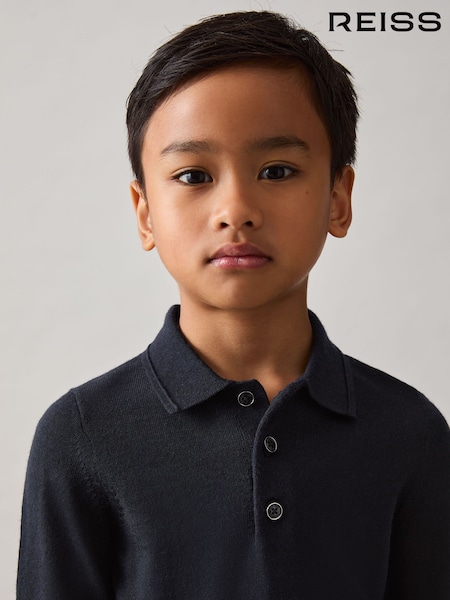 Reiss Navy Trafford Merino Wool Long-Sleeve Polo Shirt (W67635) | €55