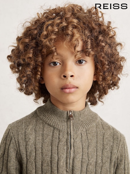 Reiss Sage Green Clovelly 9-13 yrs Wool-Blend Half-Zip Cable Knit Jumper (W67650) | €60