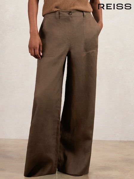 Reiss Chocolate Brown Ashby Petite Linen Wide Leg Trousers (W67652) | €220
