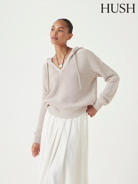 Hush Natural Open Stitch V-Neck Hoodie (W67781) | ₪453