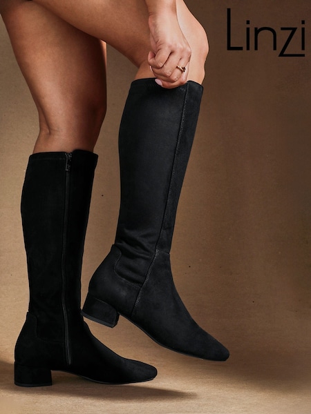 Linzi Black Suede Revolve High Leg Boot With Low Block Heel (W67840) | €74