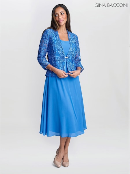Gina Bacconi Blue Adele Soutache Lace Jacket With Chiffon Dress (W68045) | €464