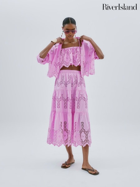 River Island Pink Cropped Broderie Shirt (W68256) | R$ 385